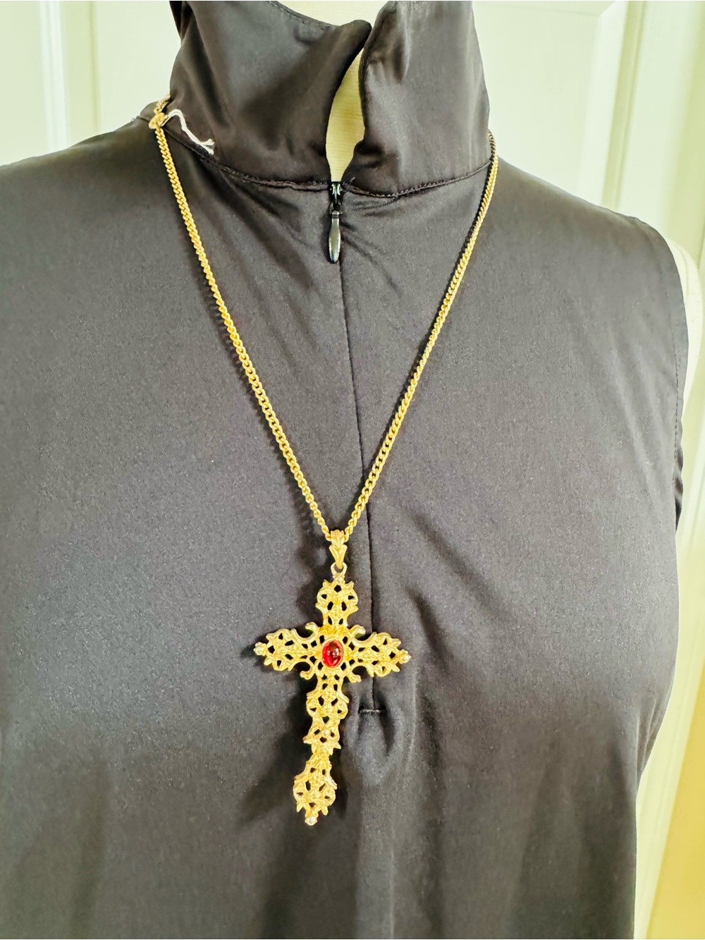 Gold-Tone Filigree Cross Pendant Necklace with Red Gem